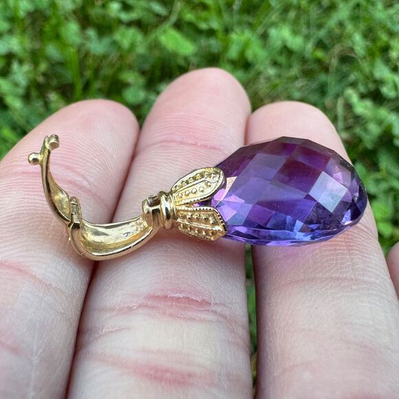 14k Solid Yellow Gold 10ct Briolette Cut Natural Amethyst Pendant Pearl Enhancer - Picture 9 of 16